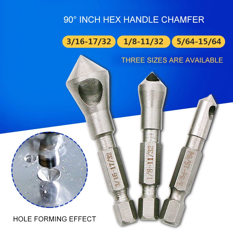 

3Pcs 1/4 Hex Shank 90 Degree Shank Countersink Bearing Steel Chisel Chamfering Machine Drill Bit Chisel Woodworking Tools