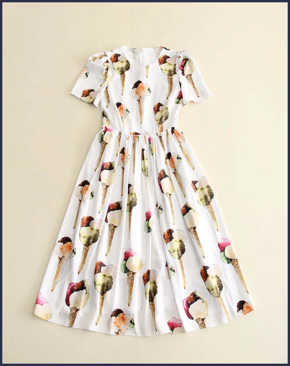 Новинка, весенне-летнее модное женское повседневное милое платье до колена с коротким рукавом, белые платья с принтом мороженого