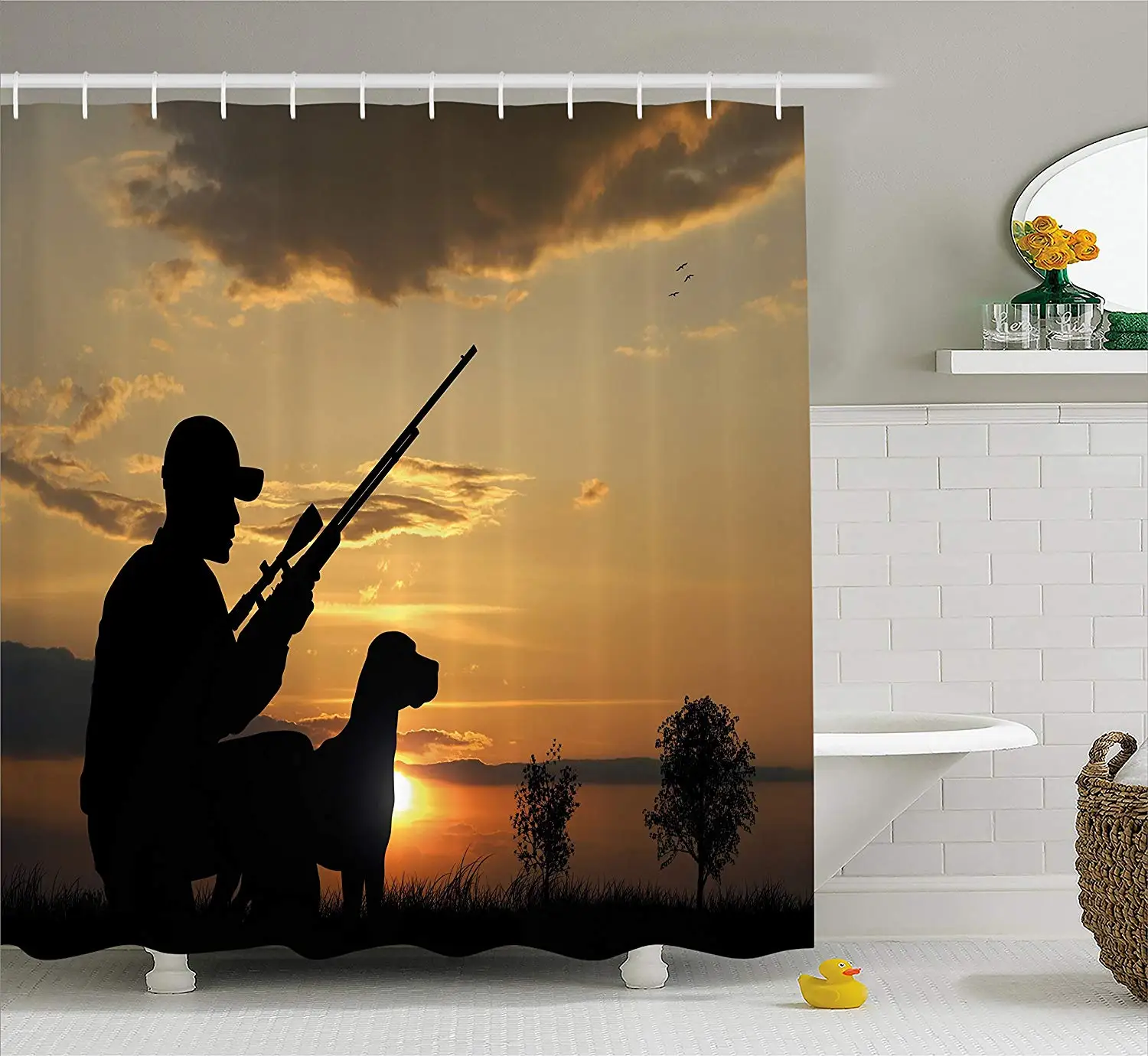 

Hunting Decor Shower Curtain, Fowling Theme Hunter and Dog Aiming at Dramatic Sunset, Fabric Bathroom Decor Set