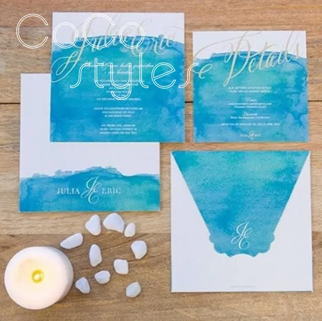 Cocostyles Customized Beautiful Blue Water Color Invitation Card Set Cocostyles Customized Beautiful Blue Water Color Invitation Card Set With Gold Foiling Printing For Beach Wedding