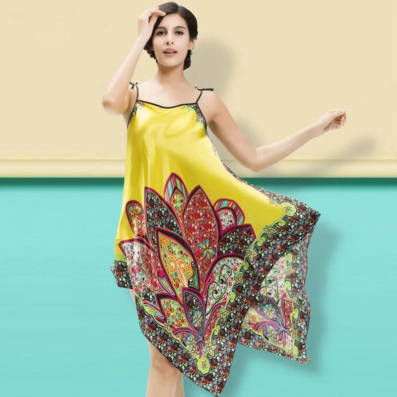 

Sexy Stain Silk Night Dress Print Nightgown Women Sleepwear Summer Nighty Fashion Nightwear