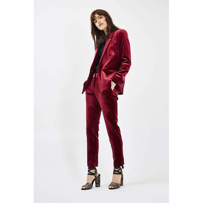 

NEW Burgundy Velvet ladies office uniform pant suits for women business suits 2 piece set women tuxedo designs Custom