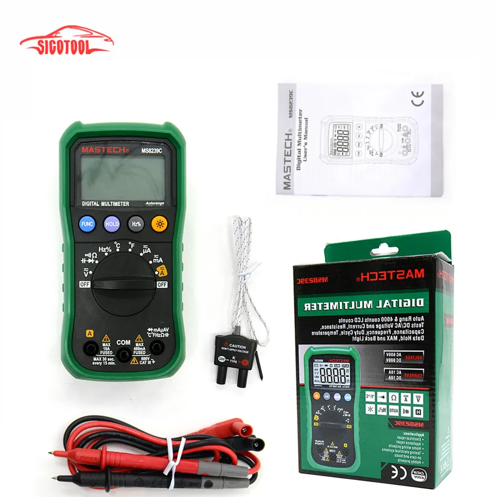 

Auto range Handheld 3 3/4 Digital Multimeter Mastech MS8239C AC DC Voltage Current Capacitance Frequency Temperature Tester