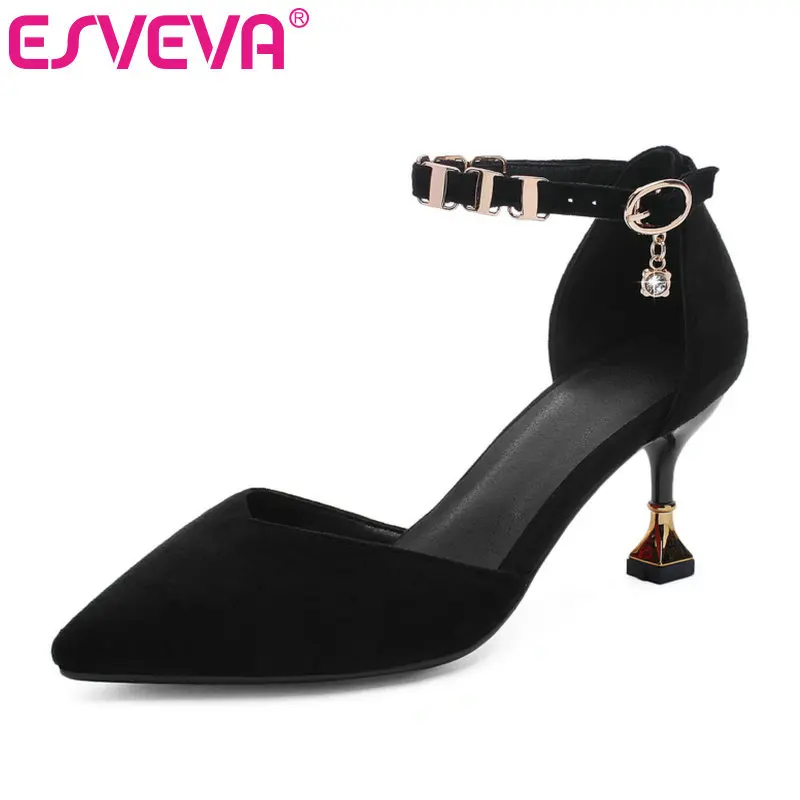 

ESVEVA 2019 Women Pumps Flock Thin High Heel Pointed Toe Bead Buckle Strap Metal Decoration Elegant Ladies Shoes Size 34-43
