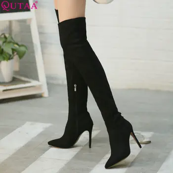 

QUTAA 2020 Women Over The Knee High Boots Winter Boots Women Shoes Flock Sexy Thin High Heel Fashion Women Boots Big Size 34-43