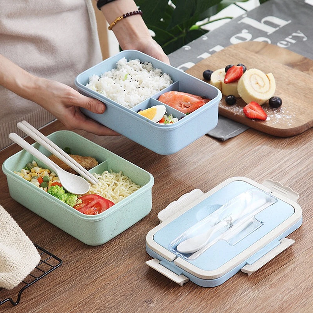 Lunch Box Wheat Straw Bento Box Portable Eco-friendly Microwave Food Storage Container for Kids Students School  (3)