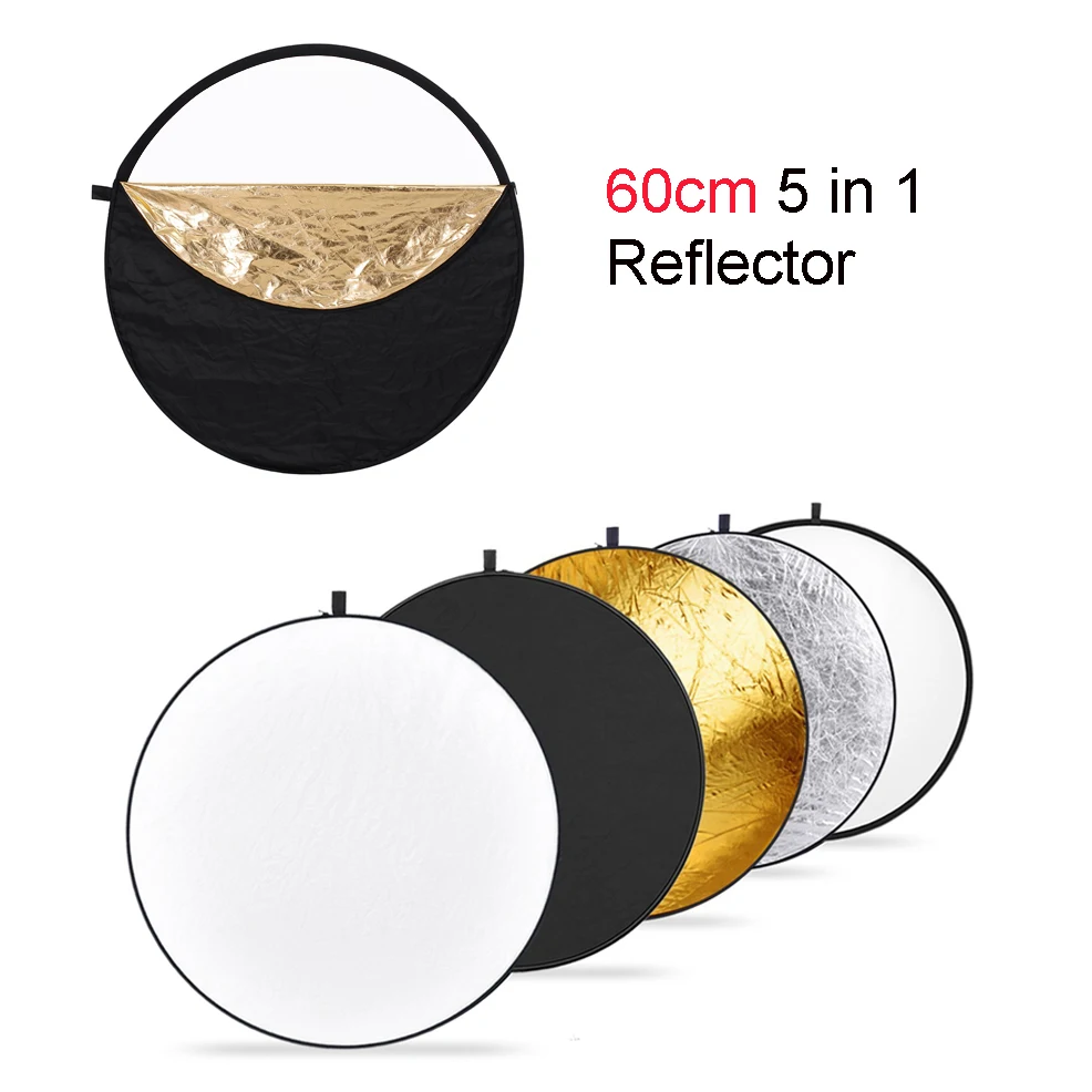 

24" 60 cm Round Photography Reflector 5 in 1 Collapsible Multi-Disc Light Reflector Translucent Silver Gold White and Black