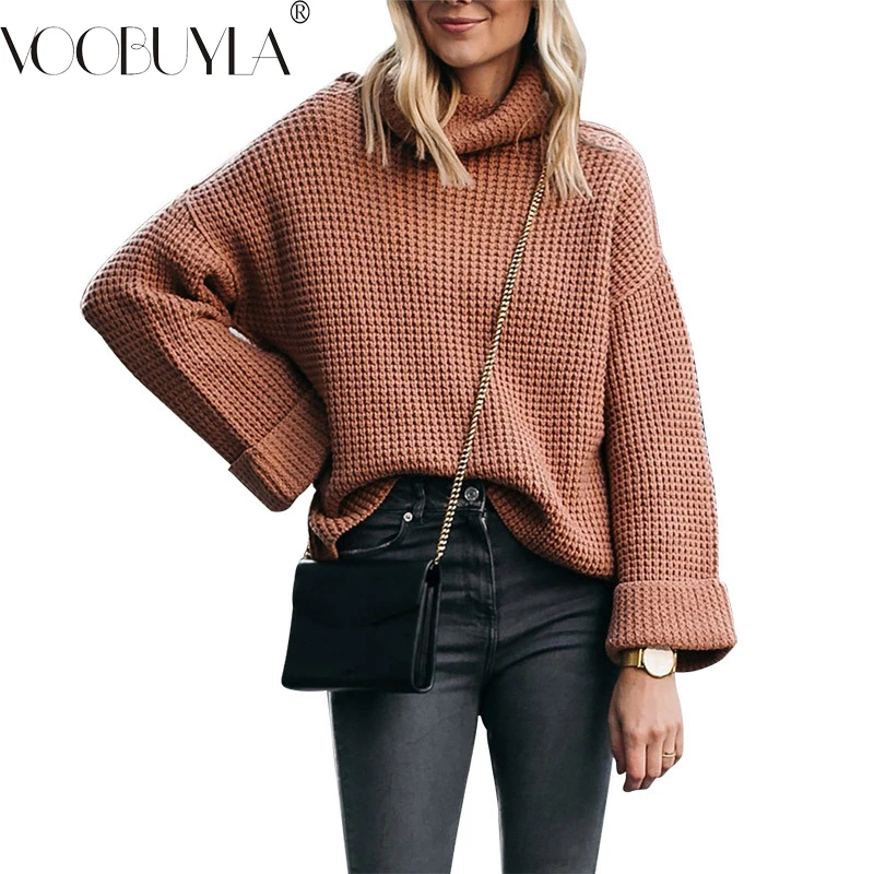 

Voobuyla 2019 Autumn Winter Casual Solid Turtleneck Knitted Sweaer Women Plus Size Loose Streetwear Pullovers Waffle Sweater