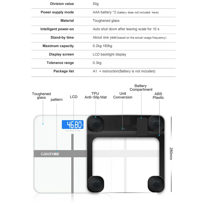 GASON(A1) напольные весы для ванной, умные, бытовые, электронные, цифровые, для тела, бариатрические, с ЖК-дисплеем, значение деления 180 кг = 400 фунтов/0,1 кг