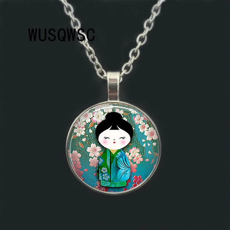 

Japanese Kokeshi Burgundy Ethnic Doll Charm Pendant Necklace Glass Cabochon Woman Fashion Jewelry Cute Chain Girl Child Gift