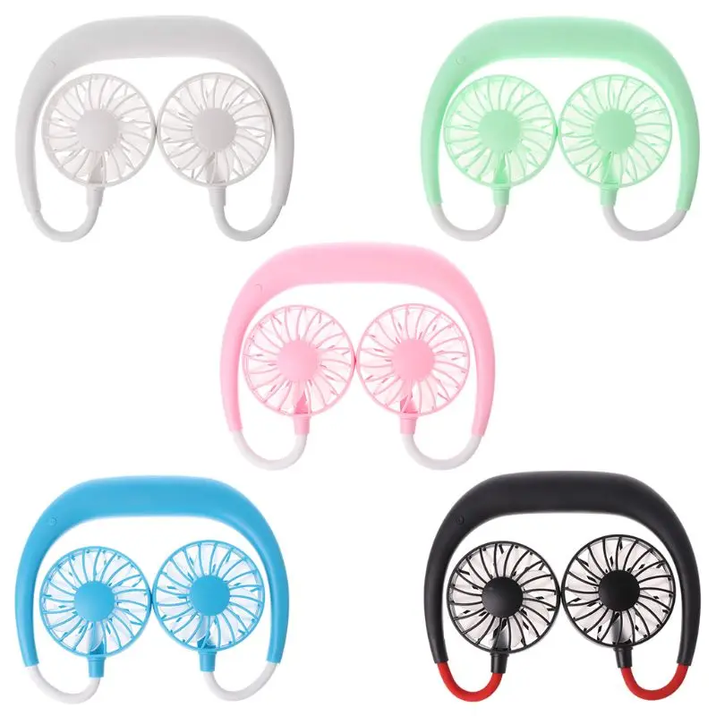 Summer Portable Wearable Neckband Fan Cooler Fan with Dual Wind Head Mini USB Fan for Traveling Outdoor Office Room