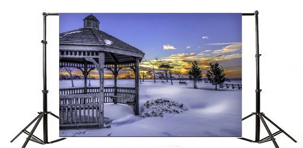 Photography Backdrop Snow Covered Landscape Pavilion Trees Blue Sky White Cloud Winter Merry Christmas |