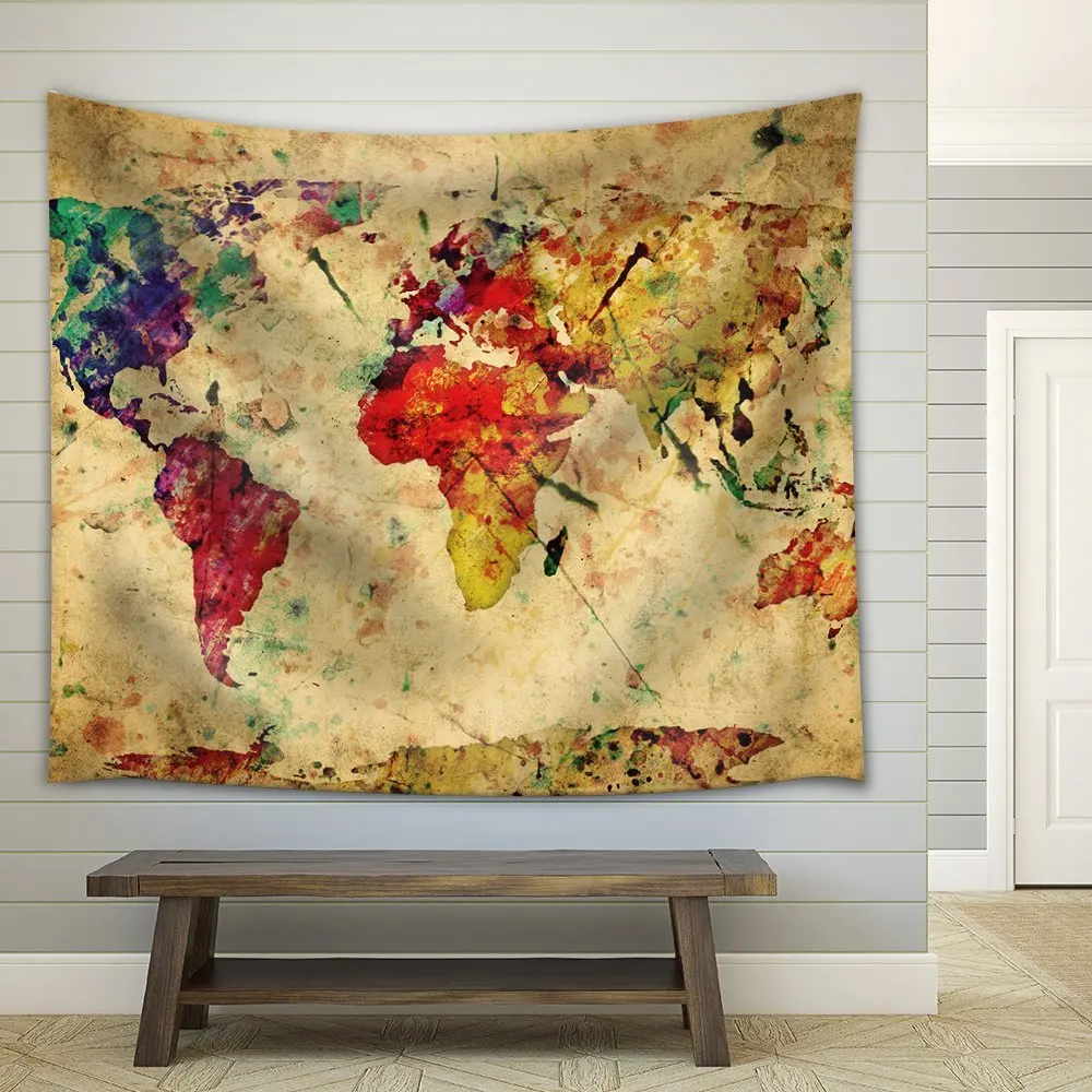 

CHARMHOME A Map of the World in Water Colors on a Vintage Background Fabric Tapestry Home Decor Tapestries Blanket