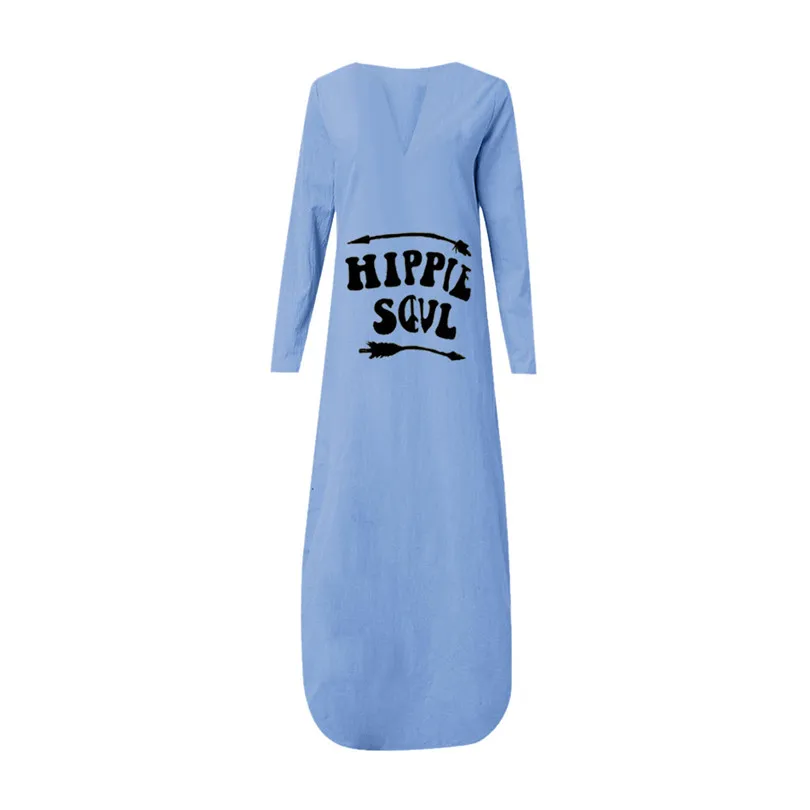 Letter Print Dress Women Long Sleeve Loose Beach Dress Plus Size V Neck Sexy Dress Casual Vestidos De Verano 40JUL1211