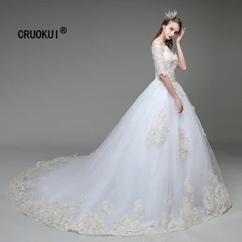 

CRUOKUI Boat Neck Wedding Dresses With Lace Appliques Champagne church trailing Sleeves Bridal Dress with vestidos de formatura