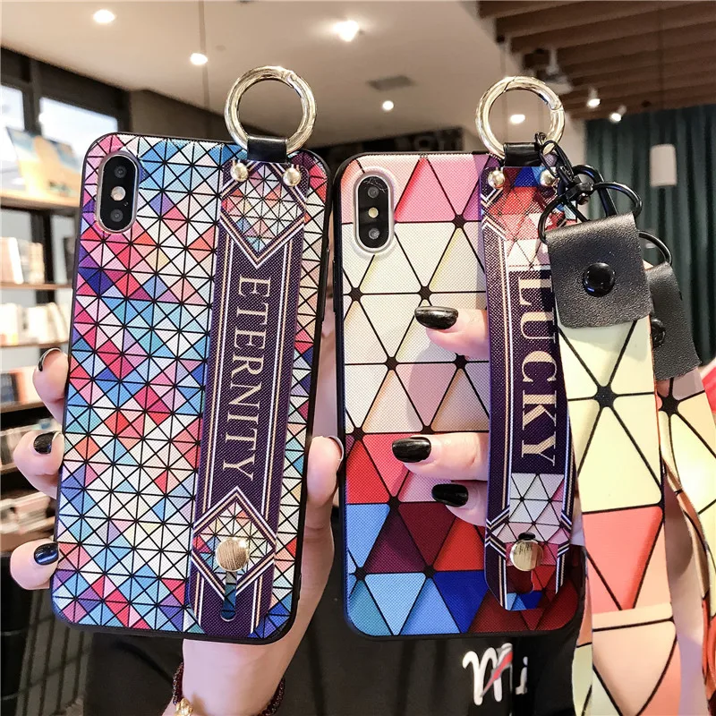 

For iphone 7 Case For iphone X Xs max XR 6 6S 7 8 Plus Wrist strap Case Grid Style Phone Holder Cover with Lanyard Neck Strap