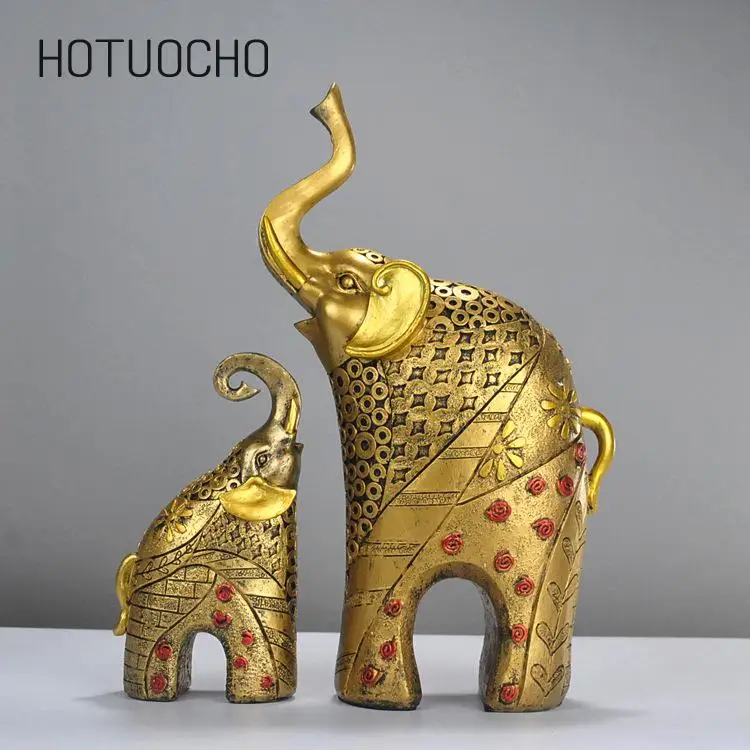 

Hotuocho 2 Pcs European Style Golden Elephant Resin Arts And Crafts Wholesale Furnishings High-end Home Decor Feng Shui Statues