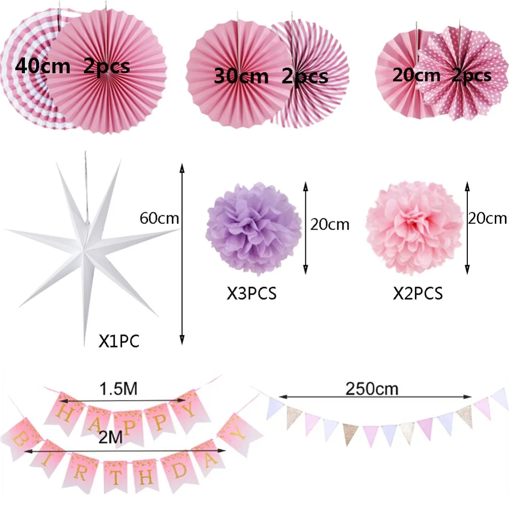 Для девочек на день рождения декоративный комплект эффектом деграде(переход от темного к розовый плакат "с днем рождения" блеск знамя флаги бумажный веер розетка гирлянда со звездочками с цветами и красивыми помпонами