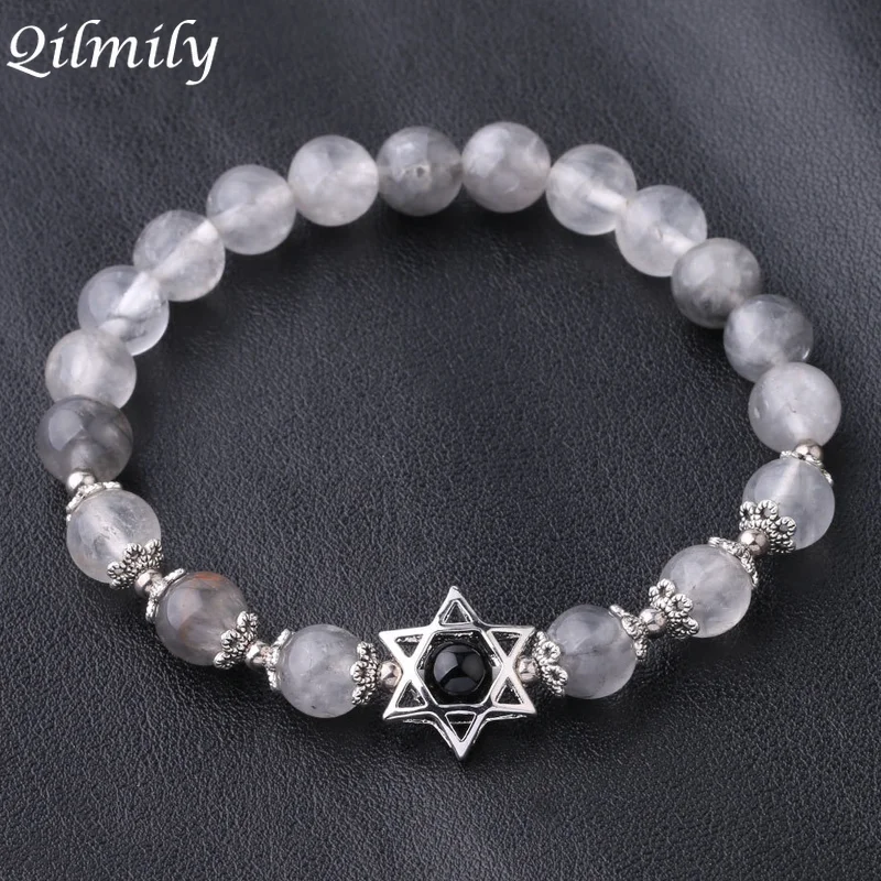 

Qilmily Charm Six-star Natural Stone Beads Bracelet for Women Men Magen Star of David Mala Red Wood Reiki Ethnic Bangle Gift Hot