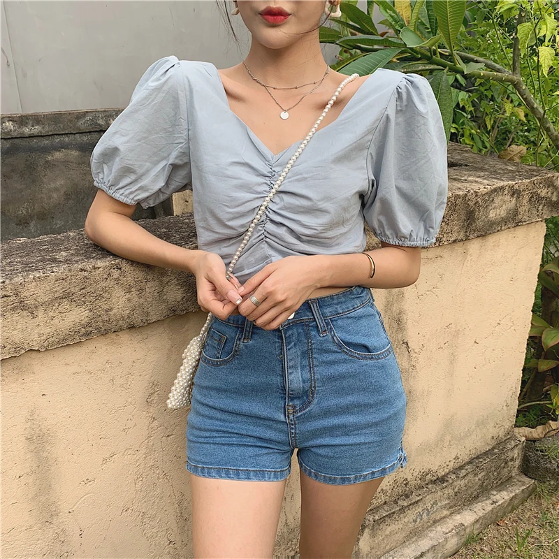 

Pleats Puff Sleeve Shirt Women Crop Top Sexy Lady Blouse Kawaii Chemise Femme Chemisier Blusa Mujer Camisa