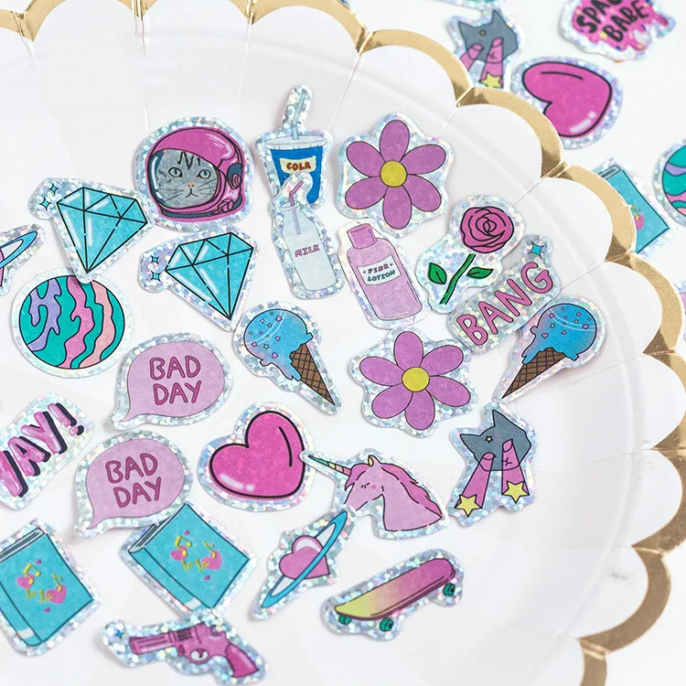 

100pcs Shining Pink Theme Cool Cat Planet Mini Deco Stickers Pack Kawaii Girl Scrapbooking Stationery Gift