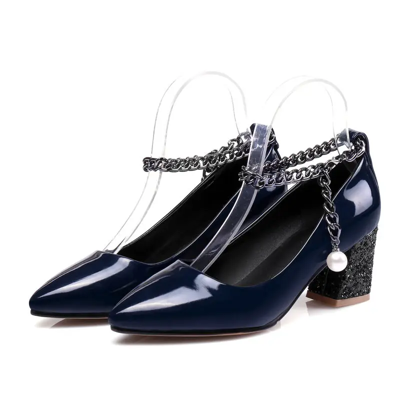 

Plus Big Size Summer Women Pumps Sequined High Block Heels Pointed Toe Patent Leather Pearl Chain Autumn Ankle Strap Ladies Pump
