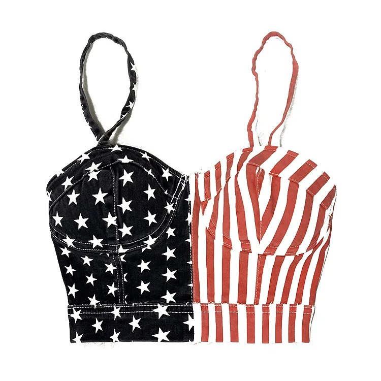 

Women Sexy Star Striped Printed Short Tank Top Denim Elastic Sun-Top