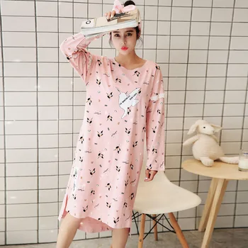 

iClosam Autumn 100% Cotton Pink Nightdress Women Printed Bird Sleepwear Cartoon Night Dress Summer Home Clothing