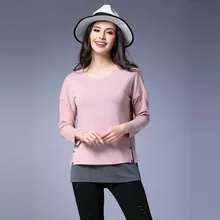 Весенняя женская одежда больших размеров, модная футболка с круглым вырезом и длинным рукавом, имитация двух частей, нижняя рубашка, топы, L-5XL, розовая