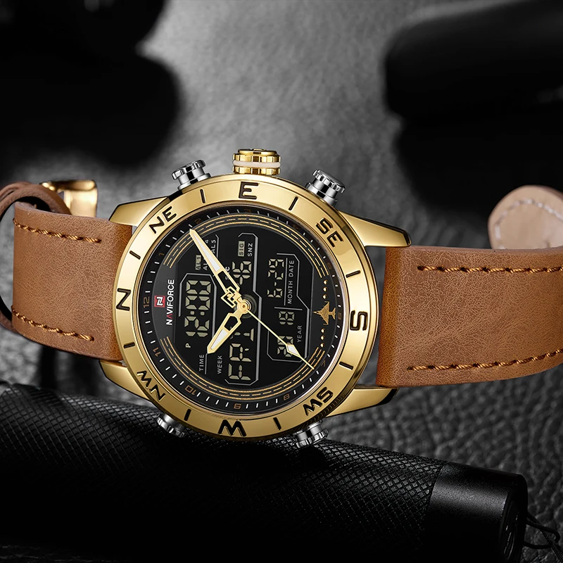  NAVIFORCE 9144 Men Fashion Gold Sport Watches Mens LED Digital Quartz Watch Army Military Leather A