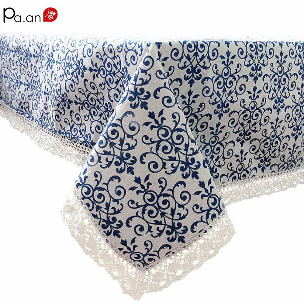 

Cotton Linen Tablecloth China Blue and White Porcelain Pattern Printed Table Covers with Lace Advanced Gift Decor Dropshipping