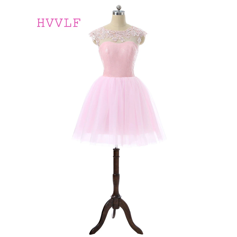 Pink 2019 Homecoming Dresses A-line Cap Sleeves Short Mini Tulle Sequins Lace See Through Elegant Cocktail Dresses