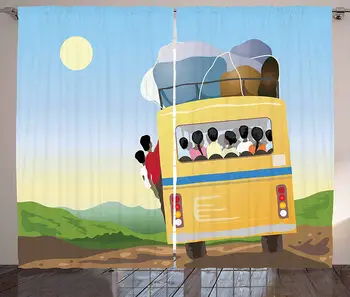 

Cartoon Curtains Yellow Bus Full of Passengers and Luggage Driving in Asian Meadows Warm Spring Day Living Room Bedroom Window