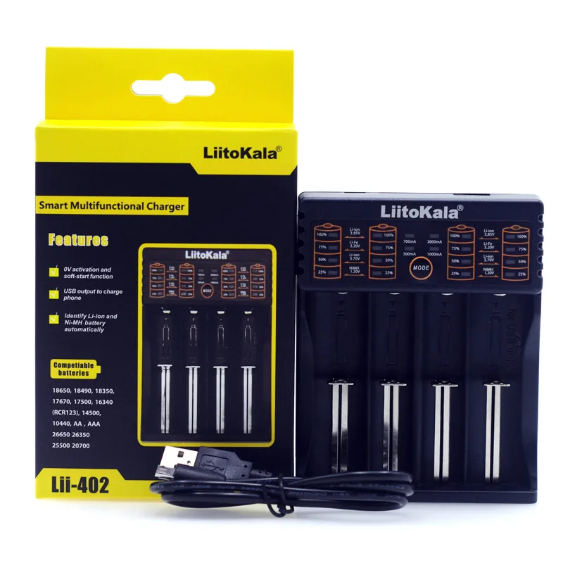 Liitokala 18650 зарядное устройство Lii402 Lii202 Lii100 LiiS1 1,2 в 3,7 в 3,2 в AA/AAA 26650 умное зарядное устройство NiMH Li-Ion EU Plug - Цвет: Lii402 And USB Cable
