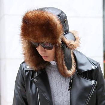 

HT1382 High Quality Men Russian Ushanka Fur Hat Black Brown Leather Bomber Hats Warm Winter Hats for Men Thicken Ski Trapper Hat