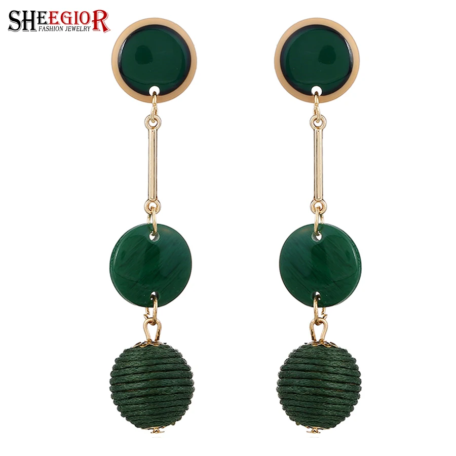 

SHEEGIOR Korean Green Multi-Storey Round Long Drop Earrings Women Black Jewelry Turquoises Ball Pendant Earring Love Sweet Gifts