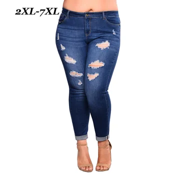 

Wipalo 2019 Streetwear Plus Size Women Ripped Jeans Fashion Hole Jeans Femme Solid Skinny Pencil Pants Ladies Denim Trousers 7XL