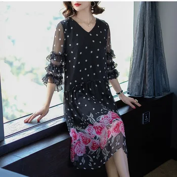 

New 2018 Spring summer women elegant floral printed chiffon dress v neck polka dot casual dress butterfly sleeves vestidos tunic