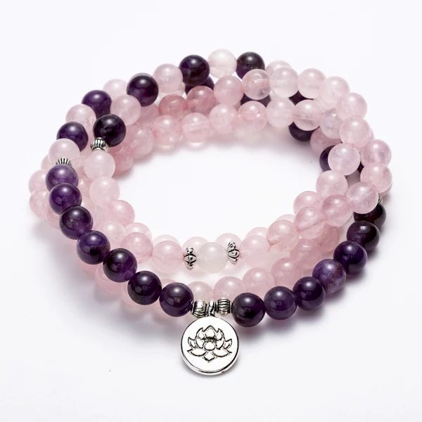 Женские 108 бусины, розовые камни, эластичные браслеты, Lotus OM, Будда, молитва, любовь, массивные ювелирные изделия - Окраска металла: purple lotus