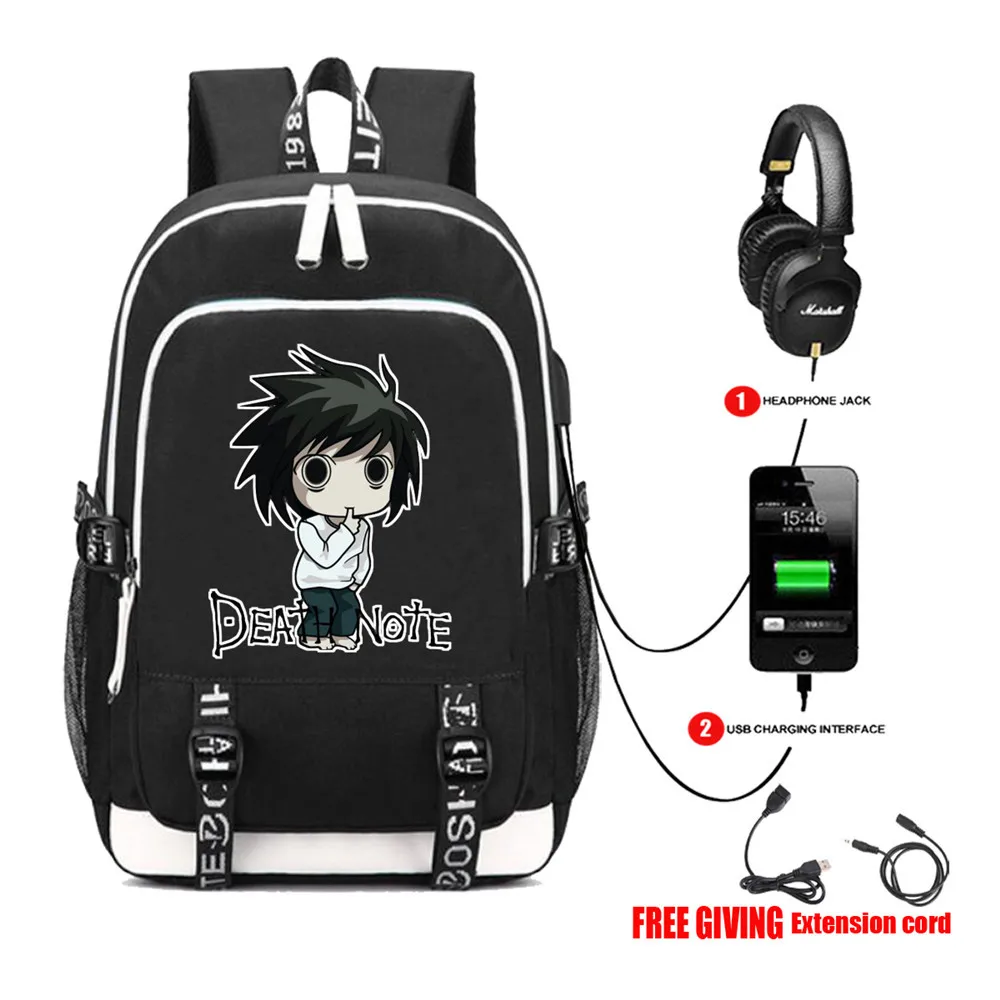 

USB Charge Headphone Jack Laptop Bags Teens School book bag Multifunction Travel Bags for anime Death Note L Backpack Mochilas