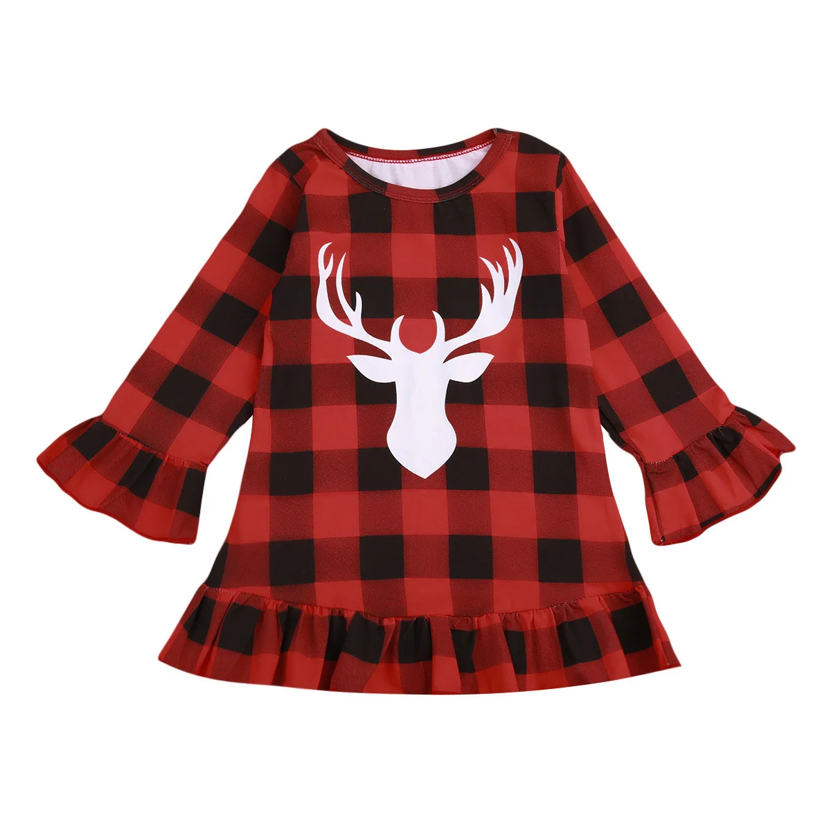 Christmas Deer Dresses Baby Kids Girls Red Plaid Long Sleeve Casual