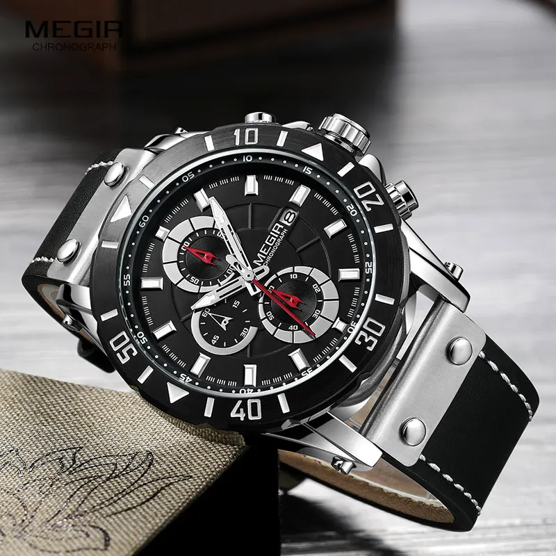 

Megir Hot Brand Sports Watches Men Chronograph Quartz Wrist Watch Luminous Hands 3Bar Waterproof Leather Strap Clock 2081 Black