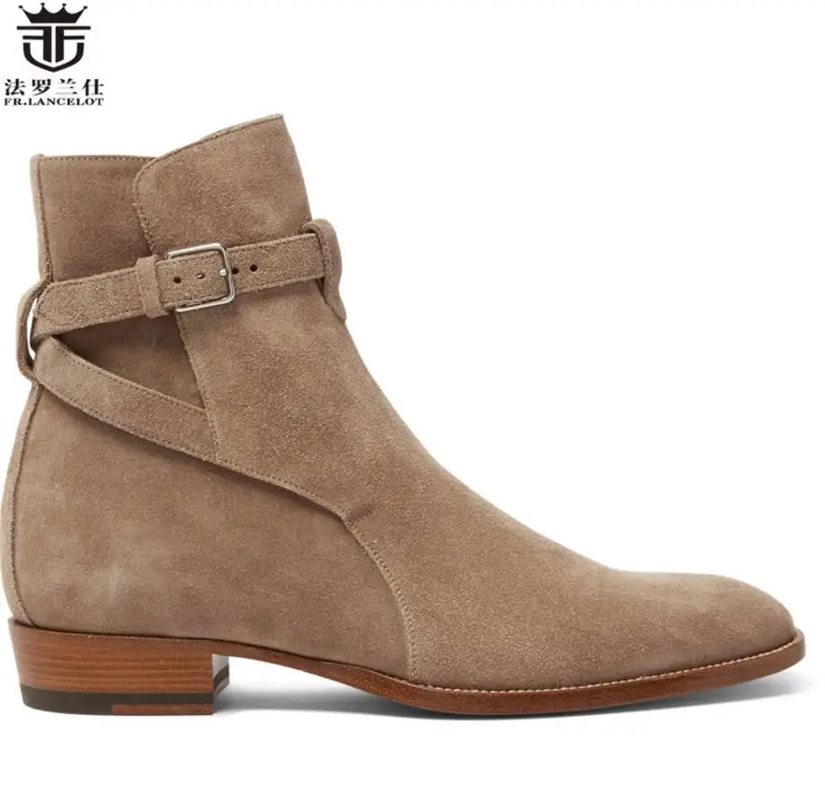 FR.LANCELOT European style chelsea boots pointed toe black leather boots men riding low heel motorcycle men