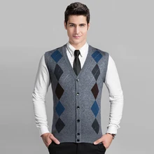 Высокое качество мужские осень зима кашемир без рукавов Аргайл кардиган свитер жилет