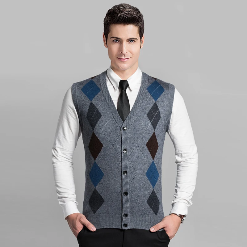 High Quality Mens Autumn Winter Cashmere Sleeveless Argyle Cardigan ...