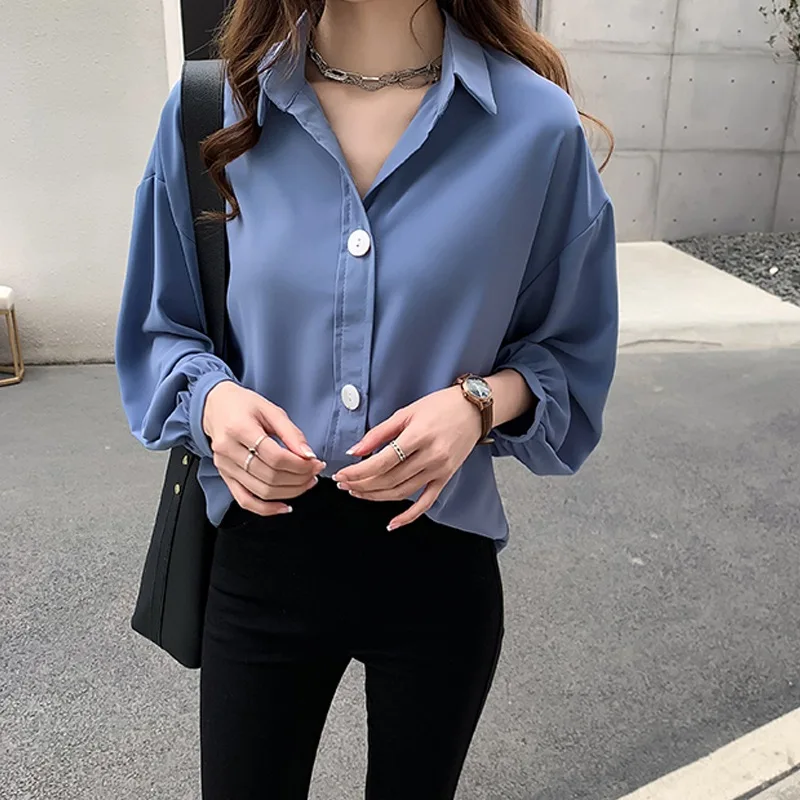 

Chiffon Women Blouse Shirt 2019 Full Sleeve Women Solid Office Work Tops Clothes Casual TurnDdown Collar Ladies Slim Shirts