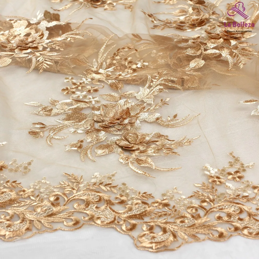 La Belleza дизайн кружева, золото 3D Цветы кружевная ткань, Розовый 3D цветы Кружевная Ткань вечернее платье кружевная ткань 1 ярд