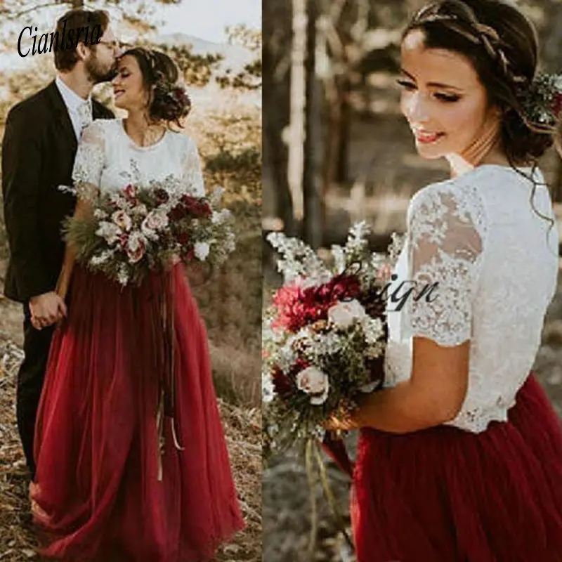 

2019 Cheap Burgundy Tulle Country Wedding Dresses A Line Short Sleeves Lace Bridal Gowns Plus Size Two Pieces Dress
