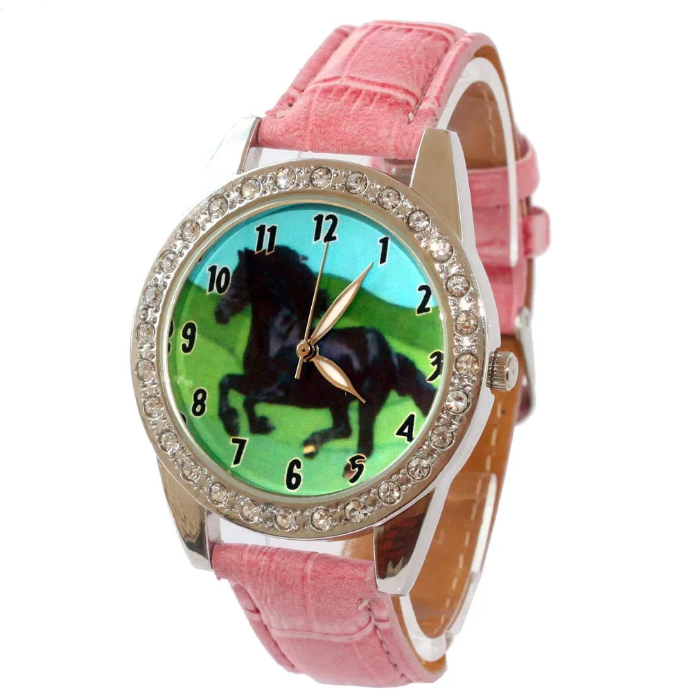 Роскошные кожаные для женщин мужчин платье для мальчиков и девочек часы наручные часы модные черные лошадь дамы браслет женский круглы - Цвет: Pink