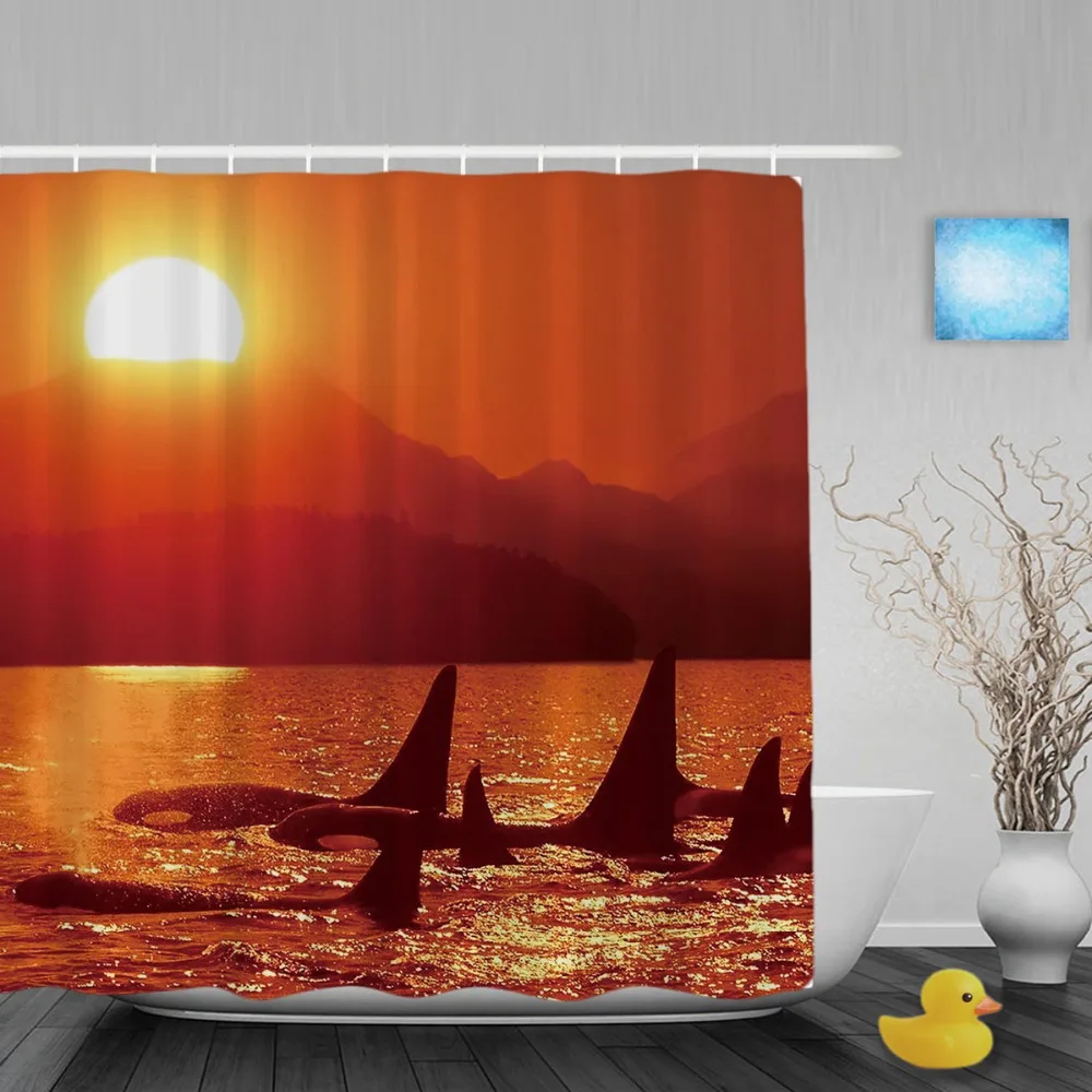 Beautiful Sunset Seaside Scene Shower Curtain Cute Whale Bathroom